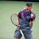 Denis Shapovalov, of Canada, reacts after scoring a point against Daniil Medvedev, of Russia, during the first round of the U.S. Open tennis tournament, Monday, Aug. 28, 2017, in New York. (AP Photo/Julio Cortez)